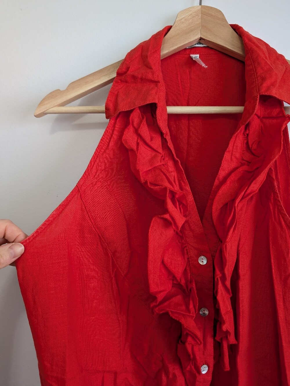 Vintage 90s Dalia Collection Large Sleeveless Top Red Ruffle Blouse Linen Shirt